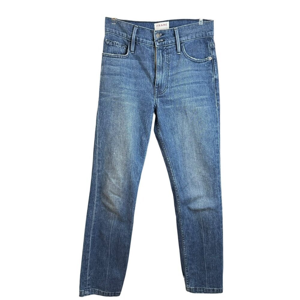 FRAME Denim Skinny Jeans Size 26 Medium Wash Raw Hem Distressed Ankle Cropped